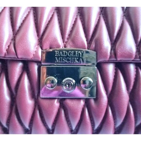 BADGLEY MISCHKA Burgundy Mini Quilted Messenger Bag Vegan Leather Plum - Picture 3 of 13
